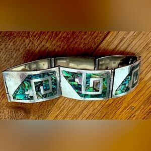 Rare Vintage Silver Mexico Abalone Shell Six Panel Link Bracelet